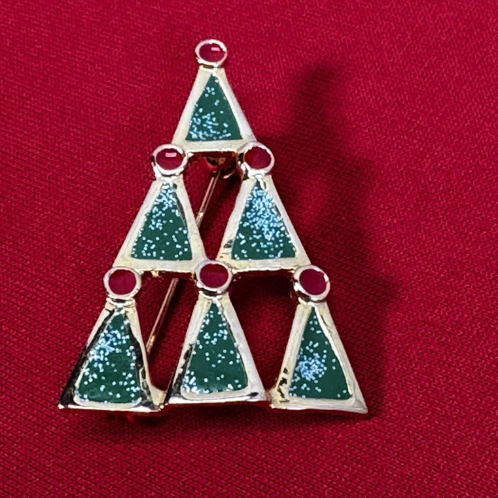 Vintage Christmas Tree Brooch Pin Gold Tone w/ Green & Red Enamel 1.75" Holiday